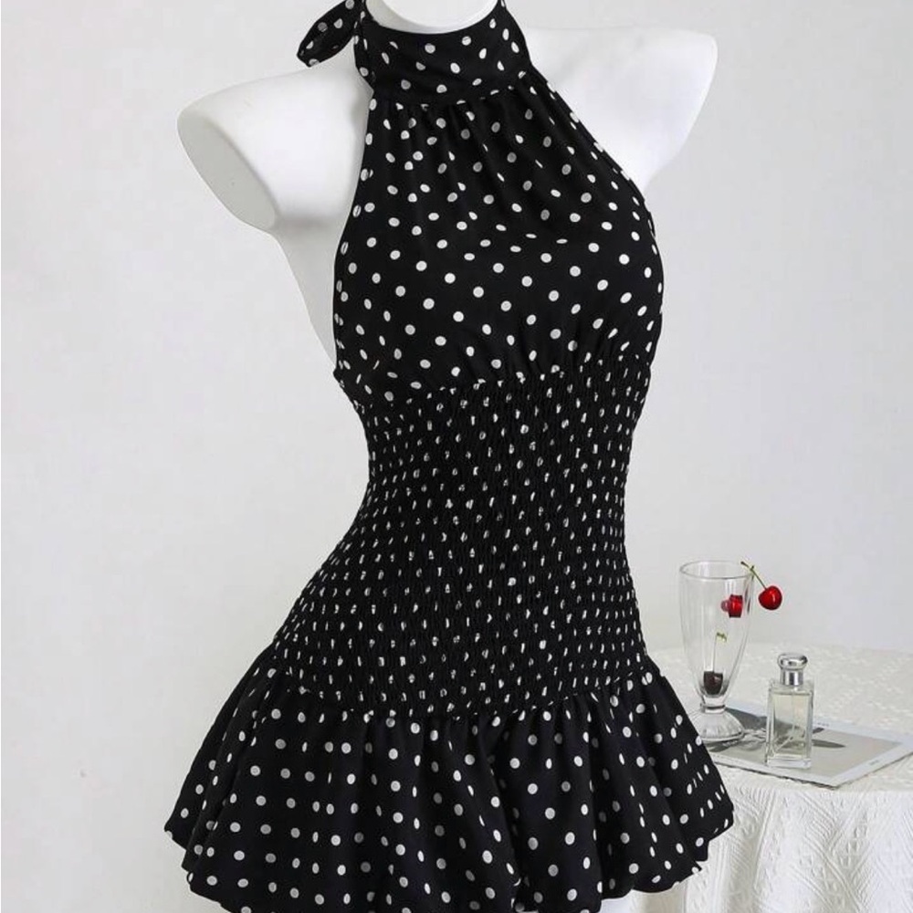 SHEIN Black and White Polka Dot Halter Mini Dress